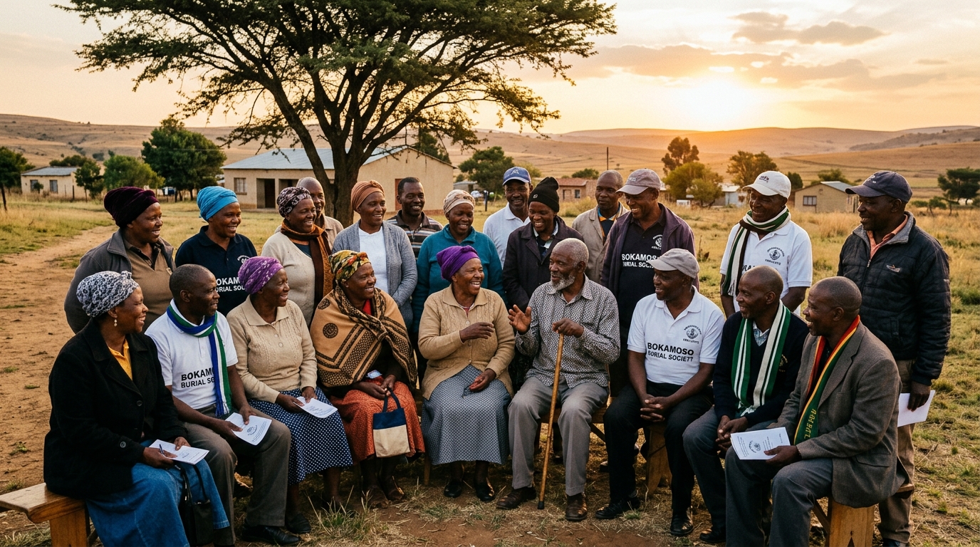 South African burial society community members gathered at golden sunset, Free State